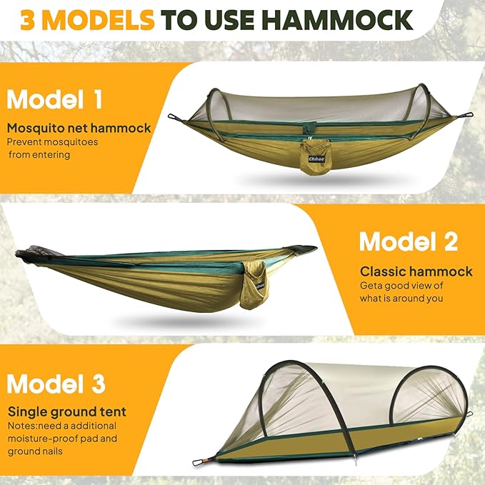 Chihee Ultra-Light Travel Camping Hammock Pop-up Net Hammock 660lbs Load Capacity,Breathable,Quick-Drying Parachute Nylon 2 Premium Carabiners,2 Tree Slings Included for Outdoor Backpacking Hiking