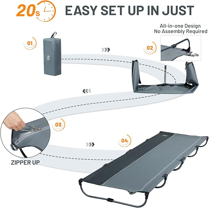 TIMBER RIDGE Lightweight Aluminum Camping Cot, 20-Second Quick Set-Up Folding Cot with Zipper Closure, Portable Carry Bag Included for Camping, Travel and Outdoors, Support up to 225lbs, Grey 2pcs