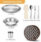 Odoland Stainless Steel Camping Mess Kit for Family & Person, Cooking Tableware Utensils with Plates Bowls Forks Spoons Knives & Savings Bag for Camping, Backpacking, Hiking, Picnic