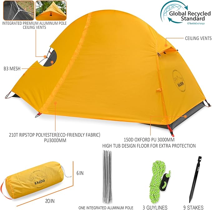 KAZOO Waterproof Backpacking Tent Ultralight 1/2 Person Lightweight Camping Tents 1/2 People Hiking Tents Aluminum Frame Double Layer