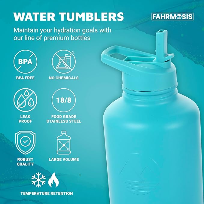 64 Oz Insulated Water Bottle with Strap Stainless Steel Sports Water Bottle with 3 Lids (Straw, Chug and Flip Lid) Leak Proof Metal Half Gallon Jug for Men & Women - Teal