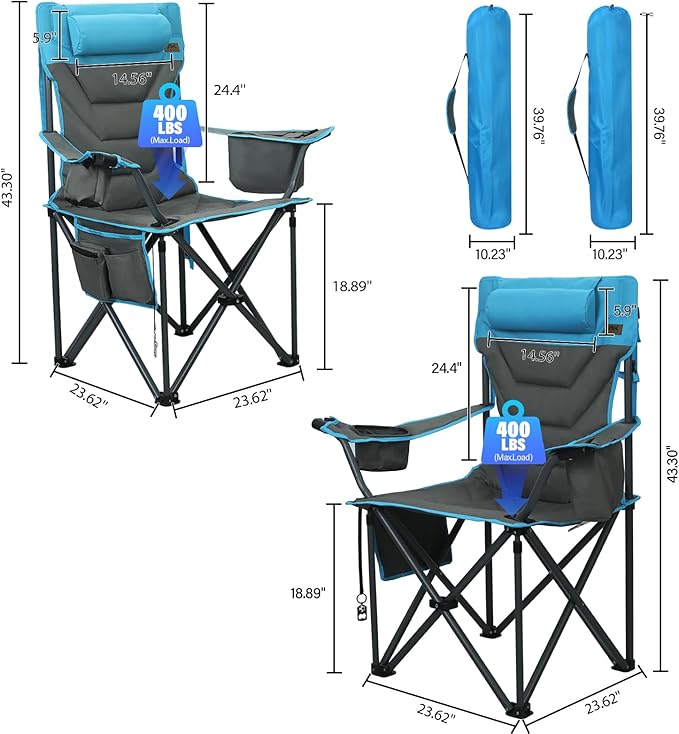 Oversized High-Back Camping Chairs with Pillow, Dual Cup Holders & Cooler Bag - Heavy Duty Foldable Outdoor Chair for Adults4PC (1, BLUEGREY-3PC -Set)