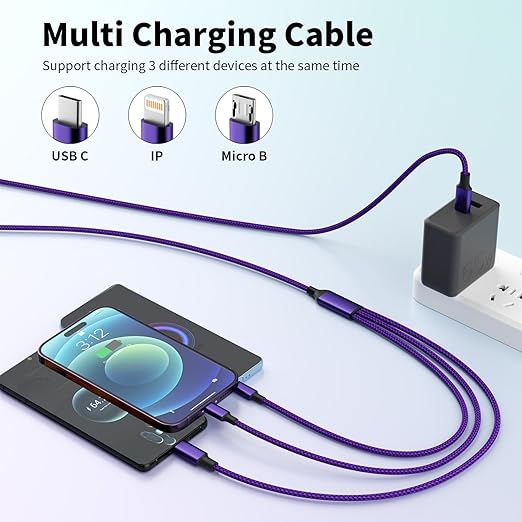 USB C Multi Charging Cable (2Pack 5FT), Nylon Braided 3 in 1 Charging Cable Multiple Charger Cord with Type-C/Micro USB and IP Port, Compatible with Most Cell Phones-Purple