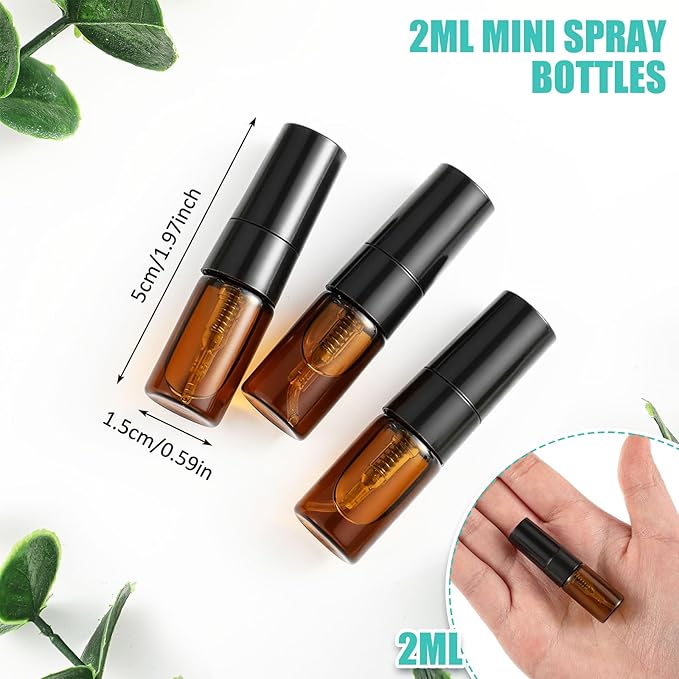 Zhehao 50 Pcs Mini Spray Bottles 2 ml Clear Glass Perfume Bottles Refillable Fine Mist Perfume Atomizer Portable Empty Sample Containers for Cleaning, Essential Oils, Travel (Amber)