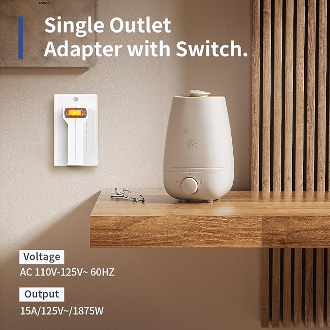 SYCON 4 Outlet Wall Adapter with A Power Switch and Night Light, 2-Prong Extender Adapter Plug with 4 Electrical Outlets for Travel Home Hotel Office-White, 2 Pack
