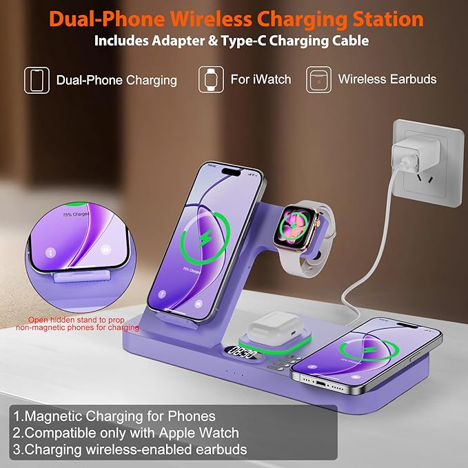 Dual Phone Magnetic Wireless Charging Station for Apple Devices/Apple Ecosystem,with Auto-Switch 7-Color Light & Clock, Compatible with iPhone 17/16/15, for iWatch 11/10/9 & AirPods Pro3(Purple