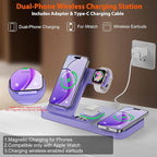 Dual Phone Magnetic Wireless Charging Station for Apple Devices/Apple Ecosystem,with Auto-Switch 7-Color Light & Clock, Compatible with iPhone 17/16/15, for iWatch 11/10/9 & AirPods Pro3(Purple