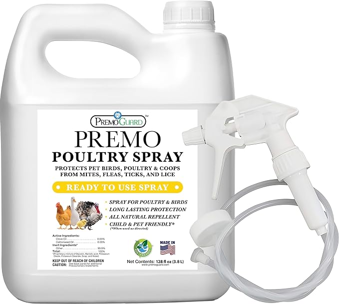 Premo Guard Poultry Spray - 128 oz - Kill Scaly Leg, Mites, Fleas, Lice, & Other Pest on Chickens and in Coops - Natural Plant Based Oils for Control, & Prevention - Family Safe with No Egg Withdrawl