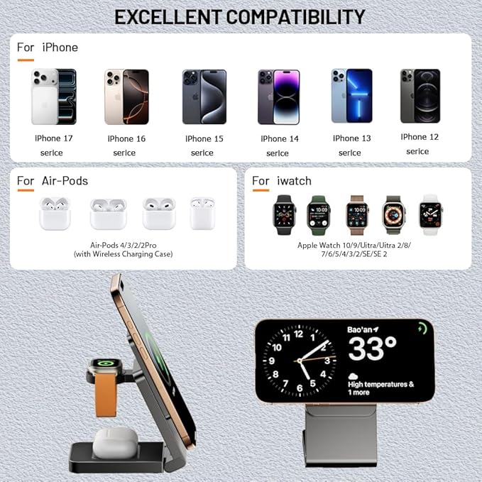 Wireless Charger iPhone Magnetic Charger Station 3 in 1 Charging Station Foldable Magsafe Charger Stand for iPhone 17 16 15 14 13 12 for Apple Watch 10 9 8 7 6 5 4 3 2 SE Ultra for AirPods 4 3 Pro
