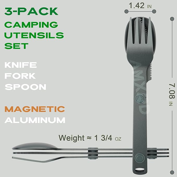 Magnetic Camping Utensils Set, Knife, Fork & Spoon Cutlery Set, Portable & Reusable Metal Aluminum Travel Flatware, 3-PACK, Gray