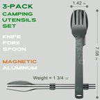 Magnetic Camping Utensils Set, Knife, Fork & Spoon Cutlery Set, Portable & Reusable Metal Aluminum Travel Flatware, 3-PACK, Gray