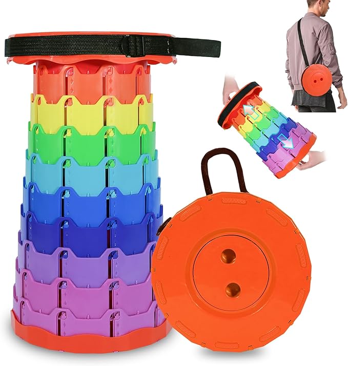 Portable Collapsible Stool, Adjustable Height Folding Seat for Adults and Kids, Lightweight Retractable Telescoping Stool for Camping, Travel, Fishing, Outdoor & Indoor Use (Rainbow Orange)