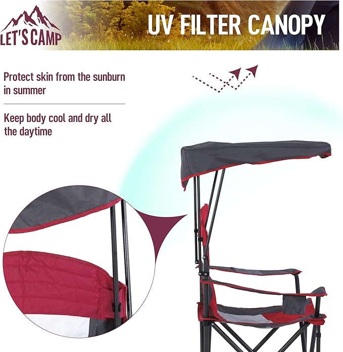 LET'S CAMP Camp Chair with Shade Canopy Folding Camping Chair with Cup Holder and Carry Bag for Outdoor Camping Hiking Beach, Heavy Duty 350 LBS