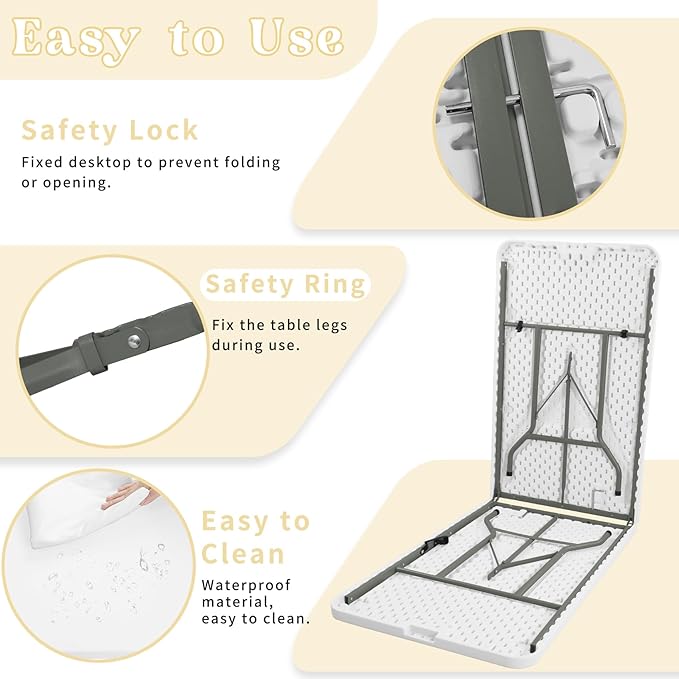 Folding Table 8 FT Camping Table Portable Heavy Duty Plastic Rectangular Outdoor Dining Table Steel Legs Fold-in-Half with Carrying Handle for Indoor,Picnic,Party,Wedding,Events(White)