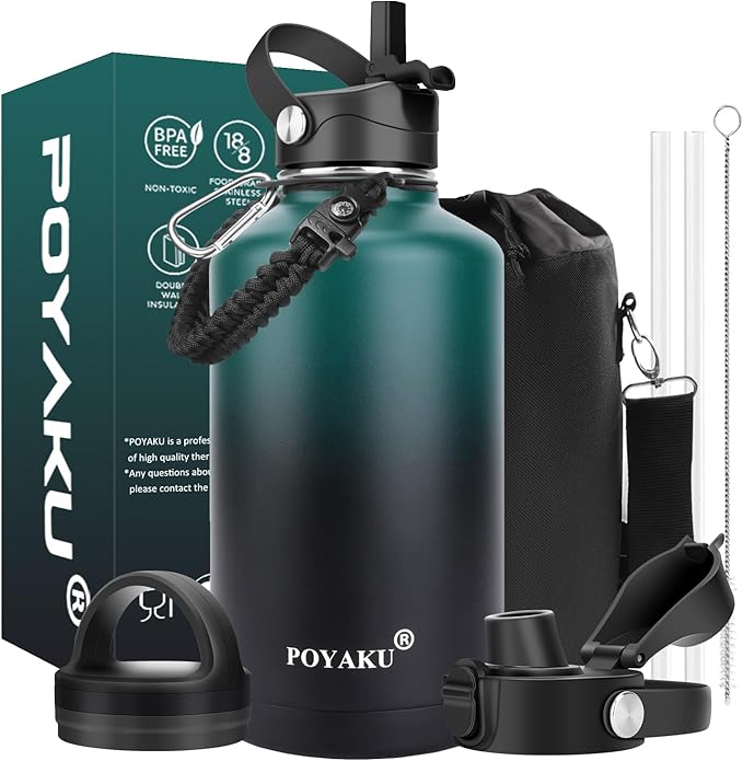 Water Bottle Insulated 32oz 40oz 64oz 128oz Straw Lid Spout Lid & 3 Lids, Leak Proof, Vacuum Insulated,Stainless Steel Water Bottle Wide Mouth for Sports, Gym or Office