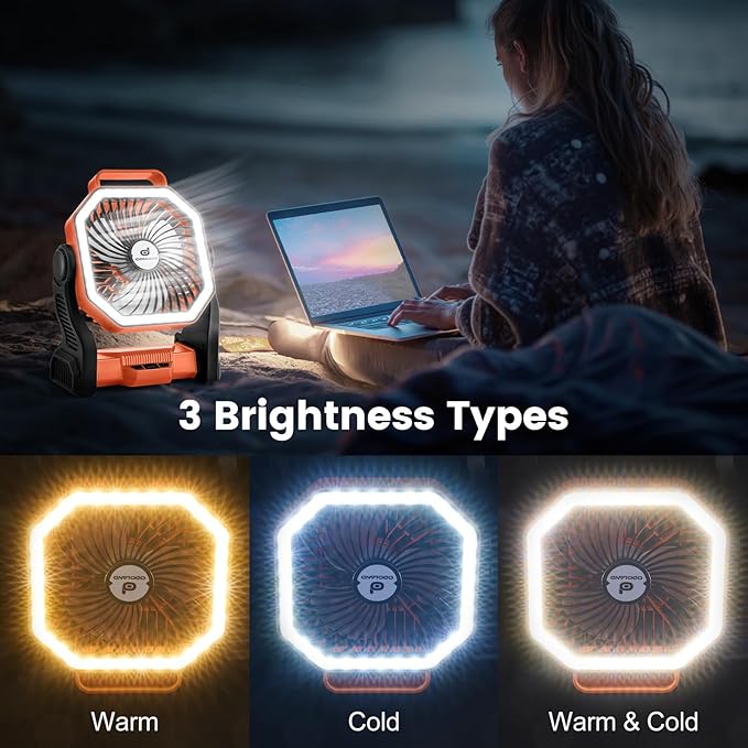 Odoland Rechargeable Camping Fan, 20000mAh Battery Fans with LED Lantern for Tent Car Beach Storm, Portable Ventilador Recargable Light Desk Fan for Picnic Power Outage Hurricane, Orange