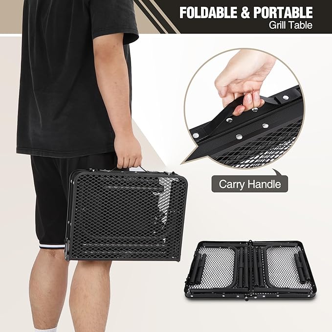 REDCAMP Small Folding Grill Table for Outside, 3 Heights Adjustable Lightweight Portable Metal Aluminum Outdoor Grill Table for Camping Picnic Cooking BBQ, Black 24x16 inches