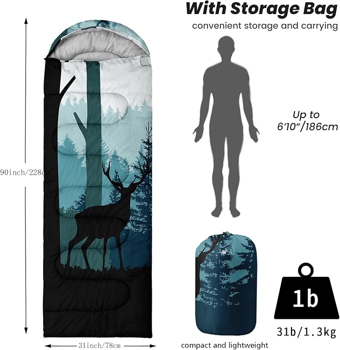 Sleeping Bags for Adults Youth Kids,3D Printing Camping Sleeping Bag for Girls Boys Lightweight Waterproof Cold/Warm Weather Sleeping Bag for 3 Seasons