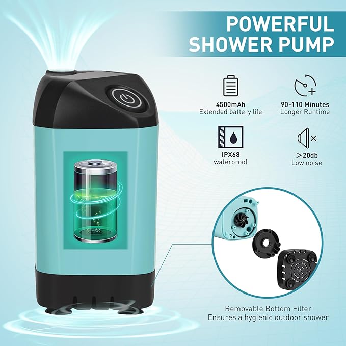Portable Hot Shower for Camping Shower Tent Kit, 1000W Immersion Heater, Rechargeable Camping Shower Pump, Pop Up Shower Tent with 6.6 Gallons Folding Bucket for Adults Outdoor