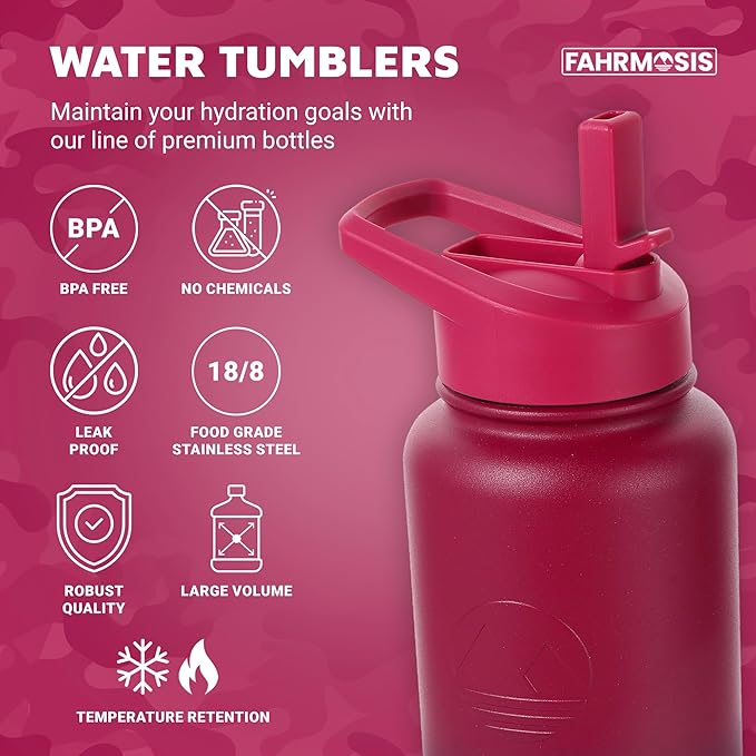 40 Oz Water Bottle with Strap Stainless Steel Sports Water Bottle with 3 Lids (Straw, Chug and Flip Lid) Insulated Leak Proof Metal Jug for Men & Women - Red Fusion