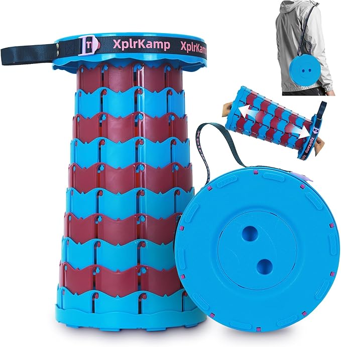 Retractable Folding Stool - Heavy Duty 400 lb Collapsible Portable Stool for Camping, Hiking, Fishing, Indoor/Outdoor with Non-Slip Base and Lightweight Design (Blue Purple, 1-Pack)