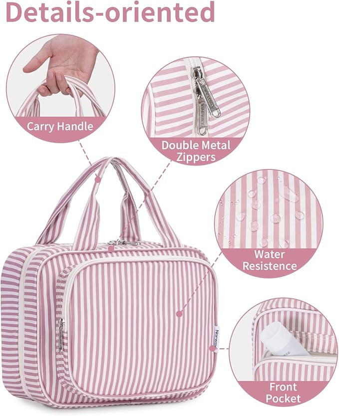 Narwey Striped Hanging Toiletry Bag for Women Travel Makeup Bag Organizer Toiletries Bag for Travel Size Essentials Accessories Cosmetics (Dusty Pink Stripe (Medium))