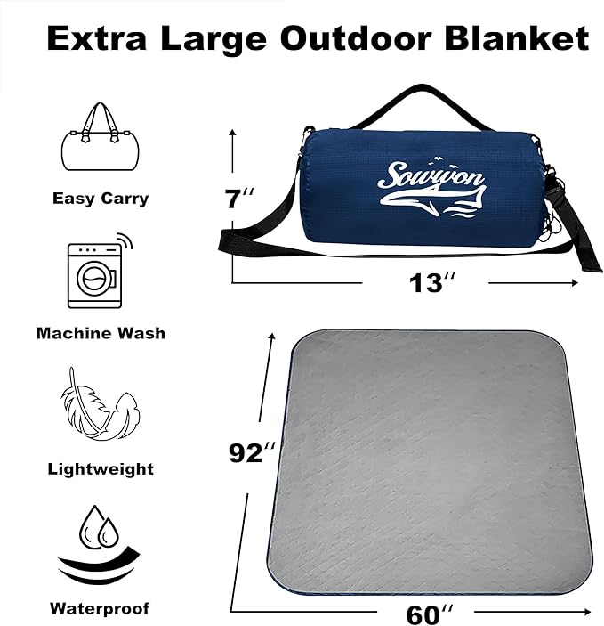 Waterproof Outdoor Blanket 92”X 60” Packable, Stadium Blankets for Camping with Quilted Fleece Lining, Large Windproof Emergency Throw Mat for Garss Picnic Hiking Road Trip, Machine Washable, Navy