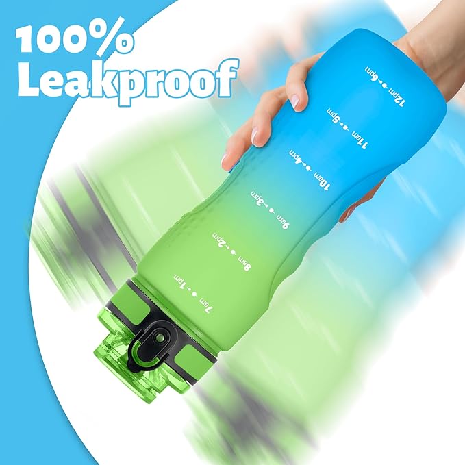 OLDLEY 25 oz Water Bottle, Motivational Water Bottle with Time Marker, Sports Water Bottle With Strap, Leakproof & BPA Free Large Water Bottles for School, Gym, Travel, Outdoor, Tritan,Green&Blue