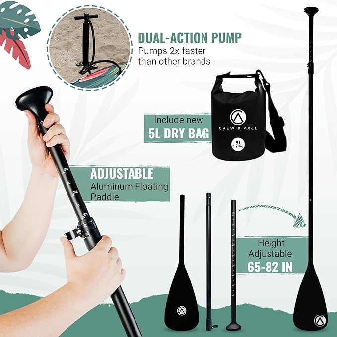 Crew Axel Inflatable Paddle Board 10’33’6” Extra Wide & Lightweight (18lb) Paddle Board – Premium SUP Set Includes 2 Bags, Floating Paddle, Camera Mount, 3 Fins, Dual Pump Kit