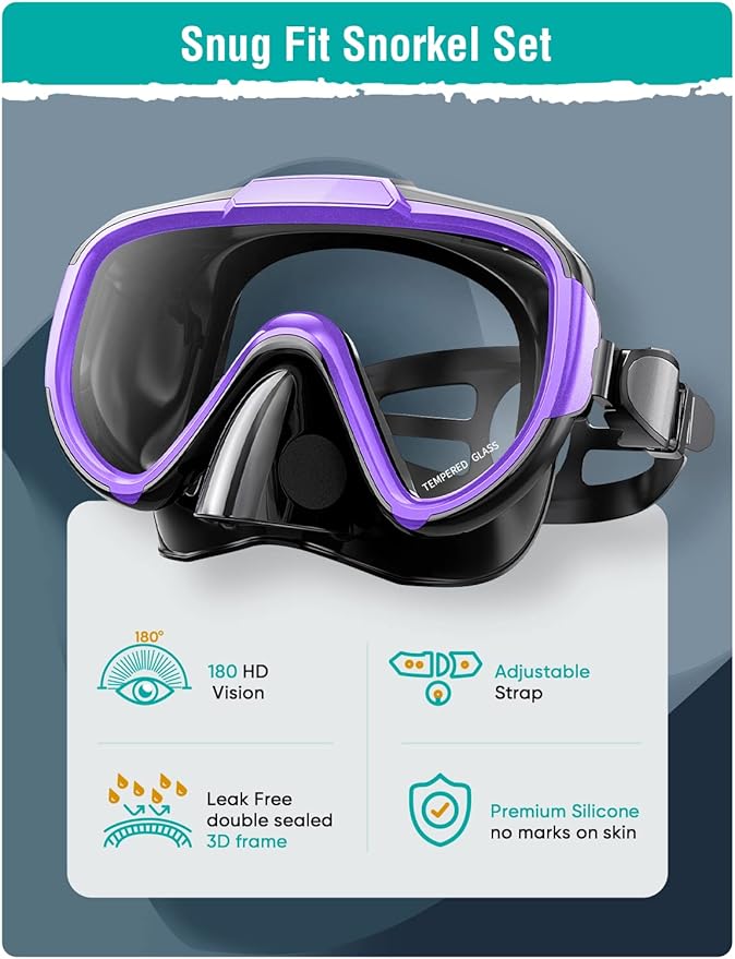 Snorkel Set Adults Snorkeling Gear Anti-Fog Panoramic View Swim Mask Dry Top Snorkel Kit with Carry Bag for Snorkeling Scuba Diving Swimming Travel