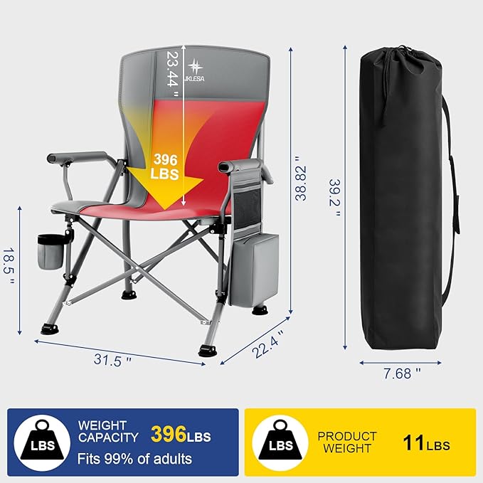 XL Heavy Duty Camping Chair 396lb Capacity (525lb Max) – Waterproof 1680D Oxford Fabric, 2" Padded Seat & Back, Cup Holder, Cooler Pocket, Portable for Camping, Beach & Tailgating (Slate/Red)