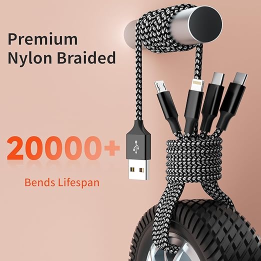 Multi Charging Cable,Dual Type-C Multiple Charger Cable Nylon Braided 4 in 1 Multi USB Cable Charging Cord with IP/Type C/Micro USB Ports for Cell Phones/iPhone/Tablets/Galaxy & More-1Pack 5Ft