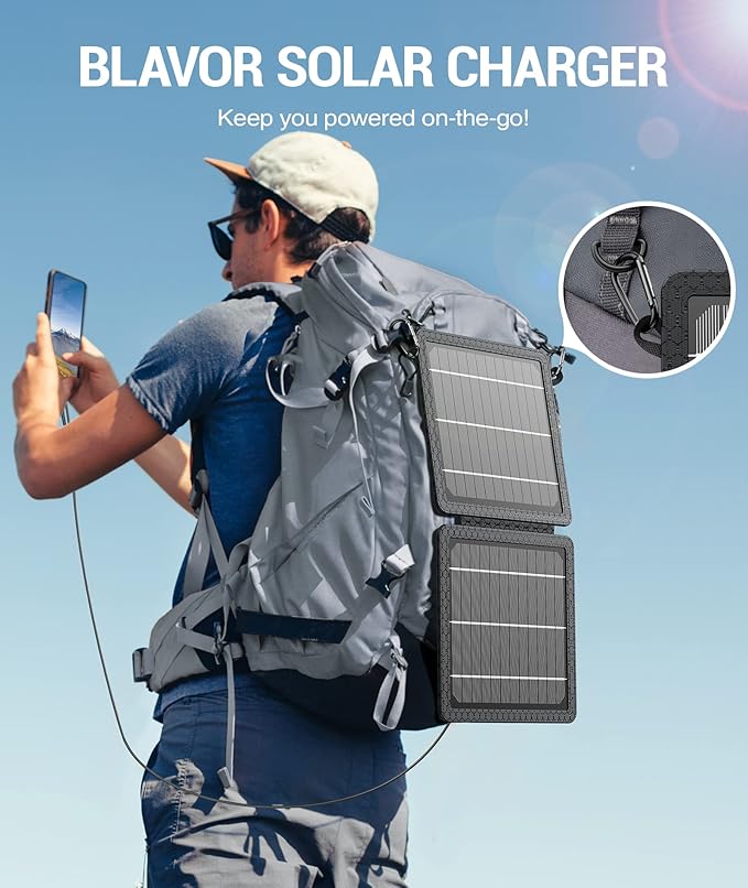BLAVOR 10W Portable Solar Charger(5V/2A Max), Small Foldable Solar Panel with USB-C USB-A Outputs Compatible with Cell Phone Tablet, IPX4 Waterproof for Camping, Hiking, Backpacking