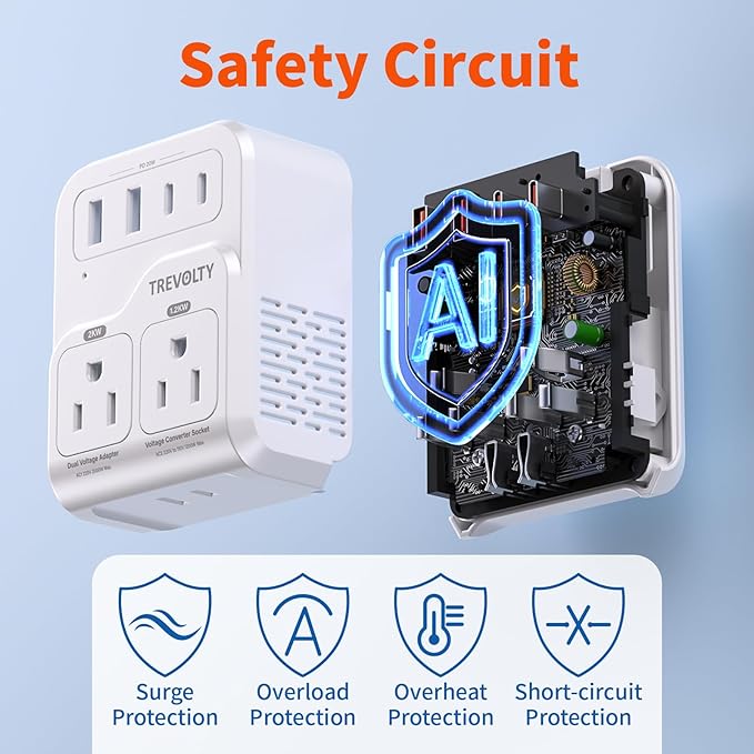 2000W Voltage Converter US to Europe for Hair Dryers, 7-in-1 220V to 110V Converter for European Travel with 3 AC/2 USBA/2 USBC Ports (PD20W)