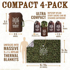 Don't Die In The Woods - Freakin’ Huge Emergency Blankets [4-Pack] Extra-Large Thermal Mylar Space Blankets with Ripstop Nylon Stuff Sacks + Carabiner Zipper Pack [Woodland Camo]