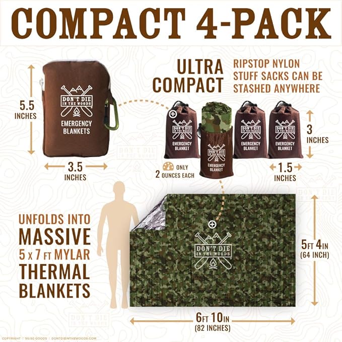 Don't Die In The Woods - Freakin’ Huge Emergency Blankets [4-Pack] Extra-Large Thermal Mylar Space Blankets with Ripstop Nylon Stuff Sacks + Carabiner Zipper Pack [Woodland Camo]