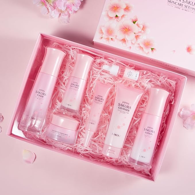 LAIKOU JAPAN SAKURA Skin Care, Skin Care Set with Cleanser, Toner, Lotion, Eye Cream, Makeup Primer, Essence Cream and Serum for Women Mother's Day Valentine's Day Christmas Birthday Beginner Kit 7pcs