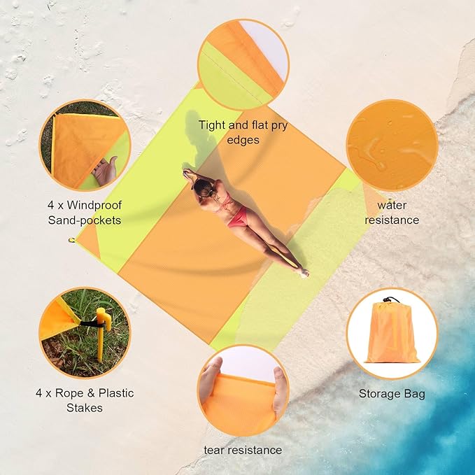 Beach Blanket Sandproof Waterproof, Large Beach Mat Lightweight Portable Quick Drying for Picnic Camping Hiking Travel Beach Accessories (1, Bigorangeyellow, 118"x110")