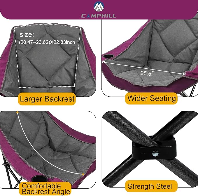 Folding Camping Chair,Oversized Portable Camping Chair with Cup Holder and Phone Holder,Heavy Duty Padded Lawn Chair for Camping, Tailgates, Beach, and Sports