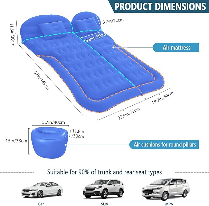 ISWEES Car Bed SUV Air Mattress, Car Air Mattress with Home Power Adapter, Electric Pump, 2 Inflatable Pillows and 2 Footrests for Back Seat, Side Seat,Trunk Sleeping, Thickened Camping Bed - Blue