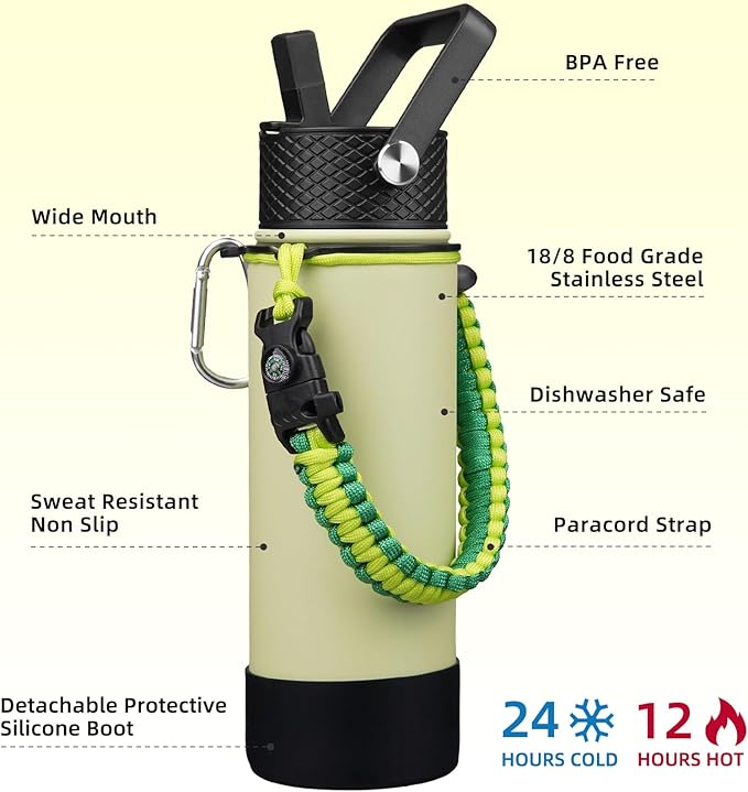 BJPKPK Insulated Water Bottle with Straw Lid, 22oz Thermo Water Bottles with 3 Lids, Paracord Handle & Non-slip Boot, BPA Free Leak Proof Stainless Steel Tumblers,Macaron Green
