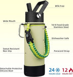 BJPKPK Insulated Water Bottle with Straw Lid, 22oz Thermo Water Bottles with 3 Lids, Paracord Handle & Non-slip Boot, BPA Free Leak Proof Stainless Steel Tumblers,Macaron Green