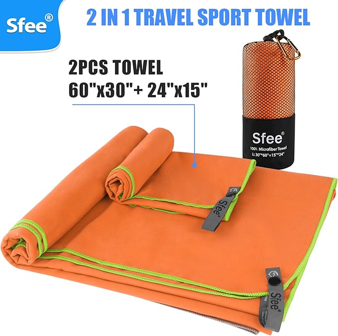 Sfee 2 Pack Microfiber Travel Towel, Quick Dry Camping Towel Large Beach Towel Super Absorbent Compact Lightweight Sports Gym Towels for Beach, Gym, Hiking, Pool, Backpacking, Bath, Yoga