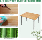 Bamboo Folding Camping Table 2-Folds with Adjustable Aluminum Legs Portable Picnic Table with Carry Bag for Outdoor Hiking Beach 2-4 Person
