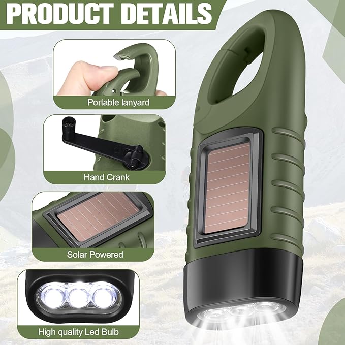 Mudder 6 Pcs Hand Crank Solar Powered Flashlights Emergency Rechargeable LED Handheld Flashlights for Survival Gear Outdoor Sports Camping Hiking Backpack Safety (Green)