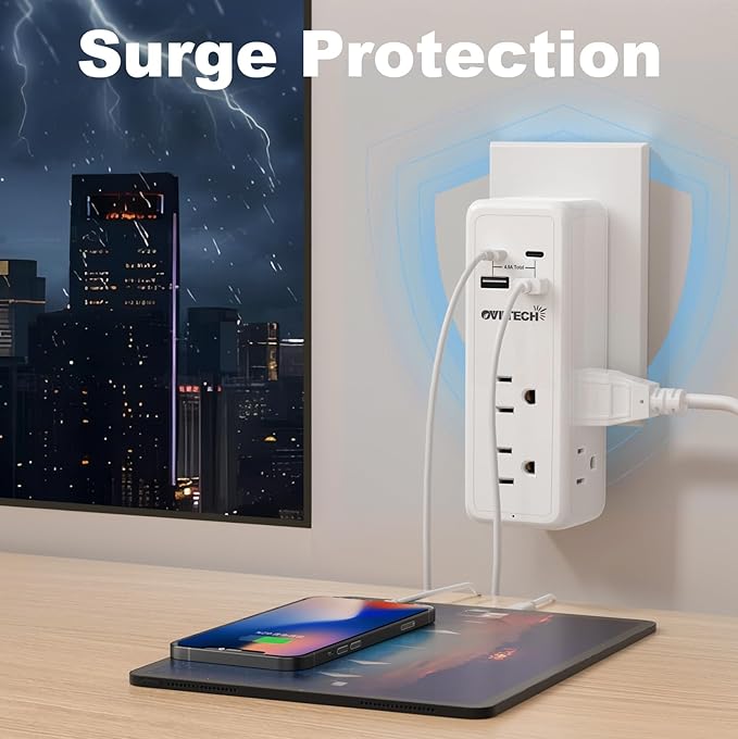 Surge Protector Outlet Extender- 4 USB Wall Charger (2 USB C) 4.5A Total, Wall Plug Splitter with 6 AC Electrical Power Expander, Spaced for Travel Home Office, White