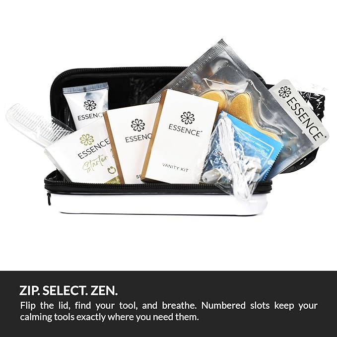 Essence Travel Amenity Kit | Travel Essentials & Travel Size Toiletries Kit | 5-Pack Nasal Diffuser Rings, Sleep Mask, Lotion & Hygiene Kit | Travel Toiletry Kit for Women | Purple Case