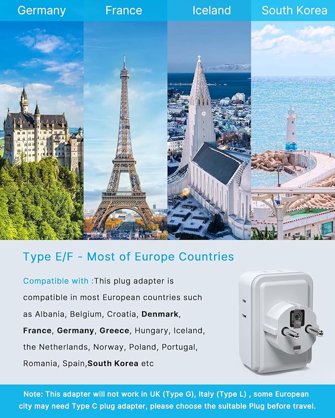 2 Pack Type E F Travel Plug Adapter, VINTAR Germany France Plug Adapter with 4 Outlets 3 USB Ports(2USB C), South Korea Outlet Adapter, Schuko Power Adaptor for US to Europe Spain Greece Iceland Korea