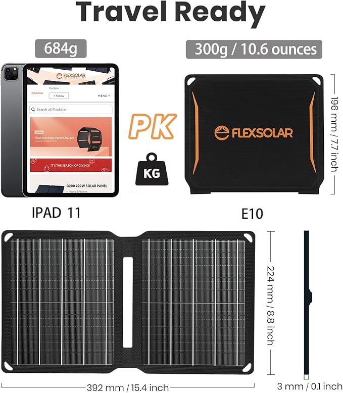 FlexSolar 10W Portable Solar Chargers 5V USB Small Power Emergency ETFE Panels Foldable IP67 Waterproof Camping Hiking Backpacking for Phones Fans Flashlight Watches Small Power Banks Battery Packs