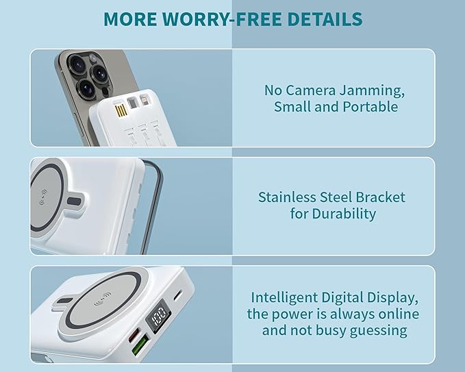 Magnetic Portable Charger Bank Built-in Cables,10000mAh USBC Power Bank 22.5W MAX Battery Pack Magnet Charger Protable Powerbank Fast Charging for Apple iPhone 17/16/15/14/13/12 Series,Samsung S25/S24